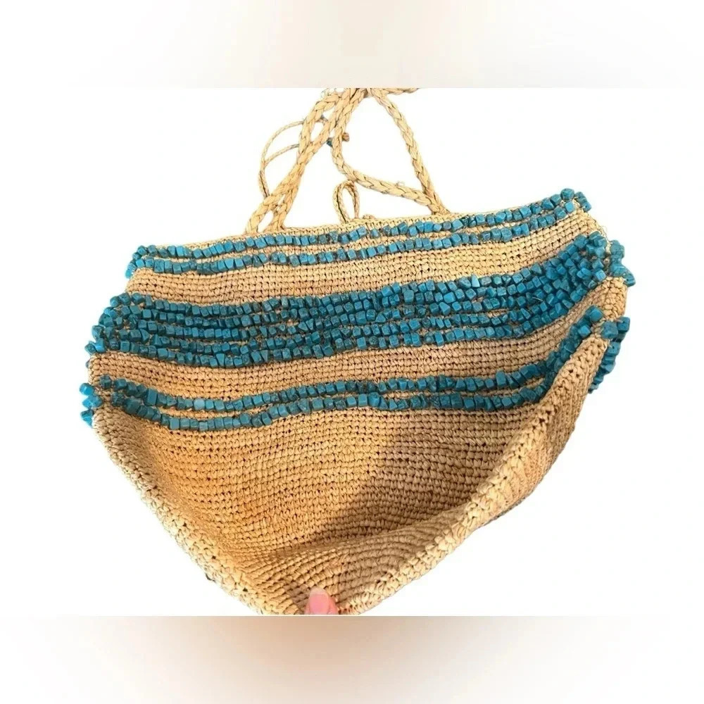 J. Crew Woven Straw Turquoise Stone Detail Tote Bag - Picture 5 of 6